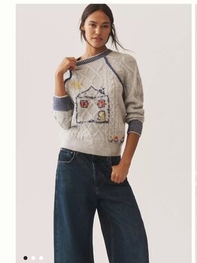 Anthropologie Pilcro Knit Sweater with Embroidered Cottage Motif